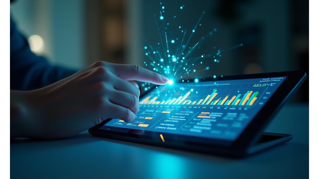 Graphic showing a user interacting with a tablet displaying a personalized financial assessment, with glowing data lines connecting to various financial knowledge areas, against a clean, modern background.