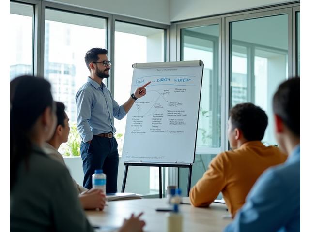 A diverse group of adults actively participating in an interactive financial literacy workshop, listening to an instructor