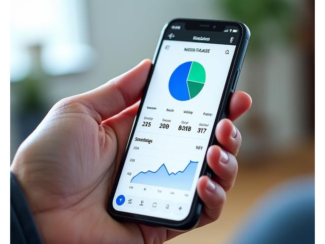A sleek mobile app interface displaying a financial dashboard with a pie chart breakdown of expenses and a line graph showing spending trends