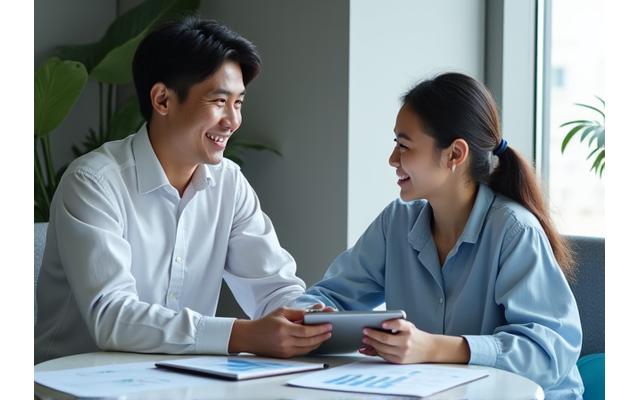 Two individuals, a financial counselor and a client, having a supportive discussion over a financial plan in a modern office.