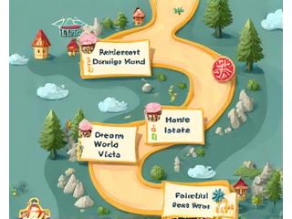 Screenshot of a retirement planning adventure game with a map showing long-term goals and milestones like 'early retirement' and 'luxury cruise'.