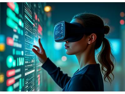 Person wearing a VR headset, interacting with a virtual stock market trading floor with dynamic 3D charts and real-time data overlays.