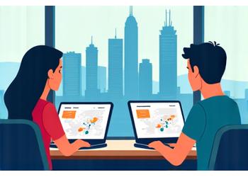 Illustration of expatriates connecting digitally with financial information, with Singapore city skyline in the background, symbolizing global finance.