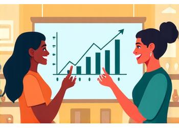 Digital illustration of diverse women collaborating around financial charts and data, representing empowerment and growth.