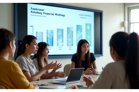 Group of people in a bright, modern classroom setting, actively participating in a financial workshop.