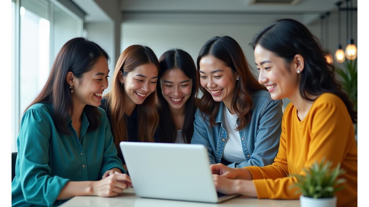 Diverse group of confident women collaborating and smiling in a modern, bright office, discussing financial plans using a tablet.
